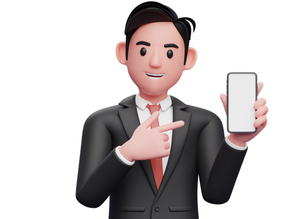 Homme d'affaires en costume formel noir tenant et pointant vers l'écran du téléphone  3D Illustration