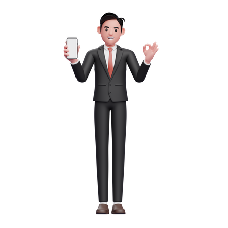 Homme d'affaires en costume formel noir tenant le téléphone et montrant le doigt ok  3D Illustration