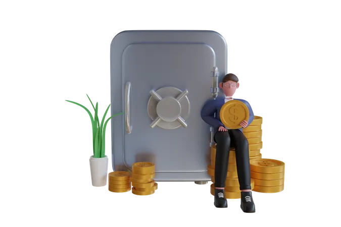 Un homme d'affaires économise de l'argent en toute sécurité  3D Illustration