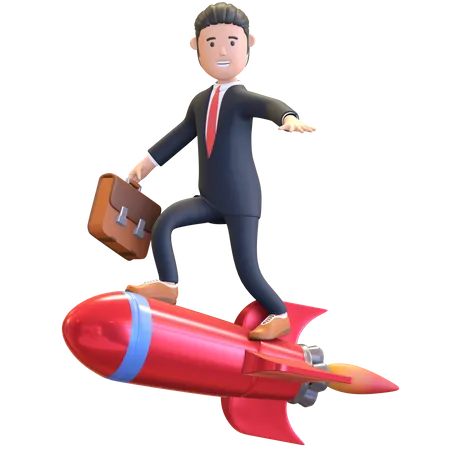 Homme d'affaires chevauchant une fusée  3D Illustration