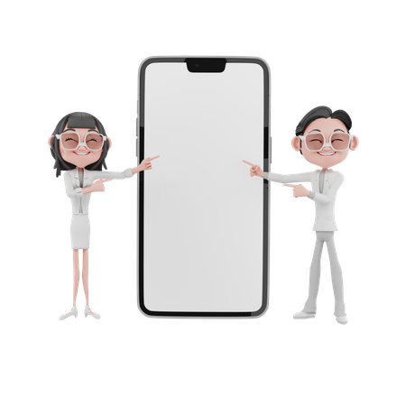 Homme d'affaires et femmes d'affaires montrant un écran mobile vierge  3D Illustration