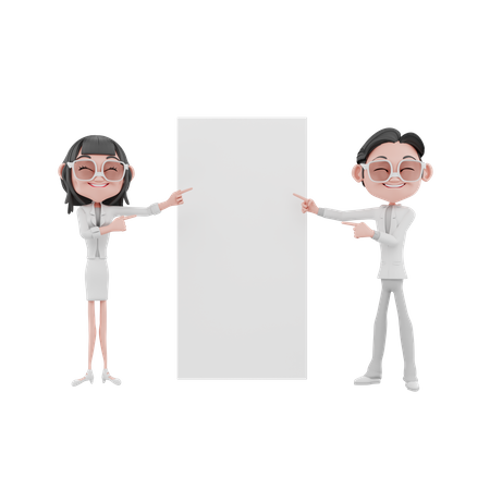 Homme d'affaires et femmes d'affaires montrant un tableau blanc  3D Illustration