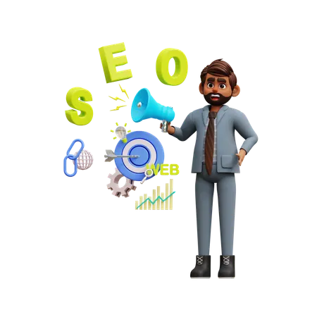 Homme d'affaires faisant du marketing SEO  3D Illustration