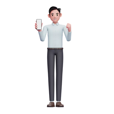 Homme d'affaires faisant un geste gagnant tout en affichant l'écran du téléphone  3D Illustration