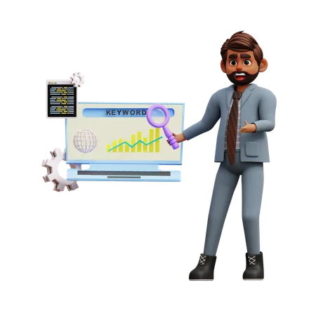 Homme d'affaires faisant une analyse SEO  3D Illustration