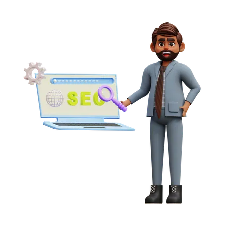 Homme d'affaires faisant des recherches SEO  3D Illustration