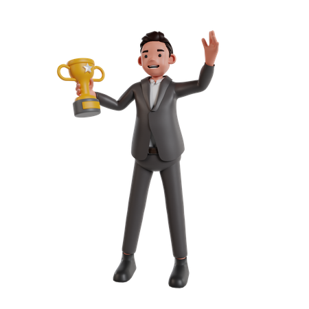 Homme d'affaires tenant la coupe du trophée  3D Illustration