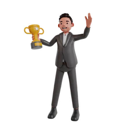 Homme d'affaires tenant la coupe du trophée  3D Illustration