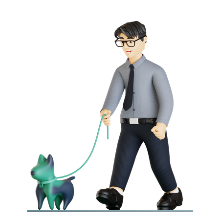 Homme d'affaires marchant avec un chien de compagnie  3D Illustration