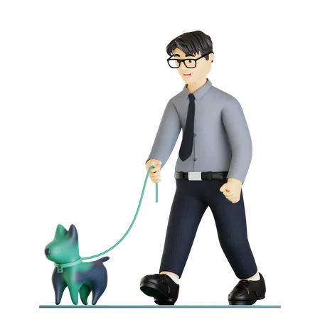 Homme d'affaires marchant avec un chien de compagnie  3D Illustration