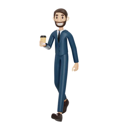 Homme d'affaires marchant et tenant une tasse de café  3D Illustration