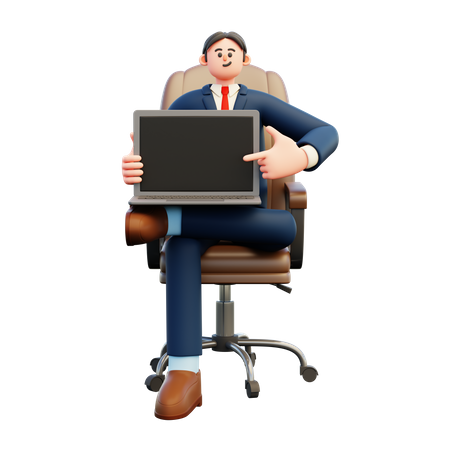 Homme d'affaires montrant un écran d'ordinateur portable vierge  3D Illustration