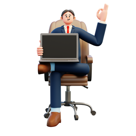 Homme d'affaires montrant un écran d'ordinateur portable vierge avec un geste ok  3D Illustration