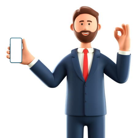 Homme d'affaires montrant un smartphone avec écran vide et geste Ok  3D Illustration