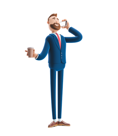 Homme d'affaires parlant au téléphone tenant une tasse de café  3D Illustration