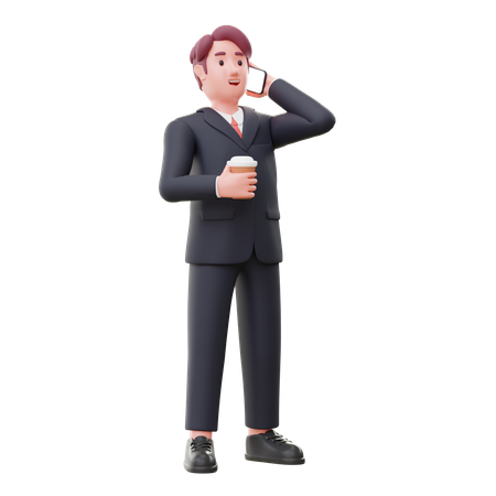 Un homme d'affaires parle sur mobile tout en tenant une tasse de café  3D Illustration