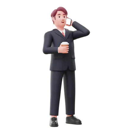 Un homme d'affaires parle sur mobile tout en tenant une tasse de café  3D Illustration