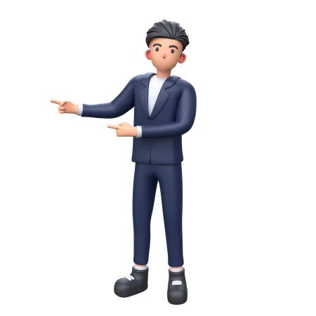Homme d'affaires pointant vers la gauche avec les deux index  3D Illustration