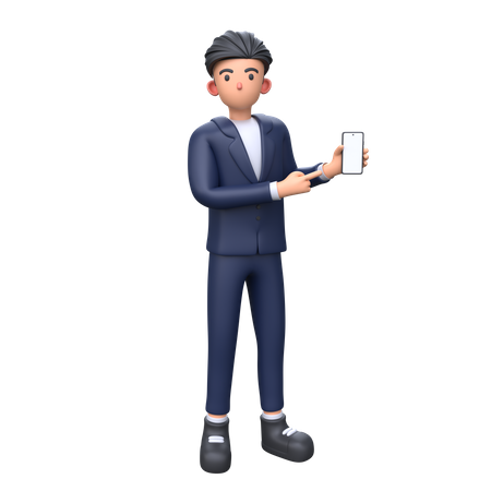 Homme d'affaires pointant sur un écran de téléphone vide  3D Illustration