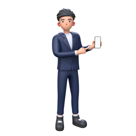 Homme d'affaires pointant sur un écran de téléphone vide  3D Illustration