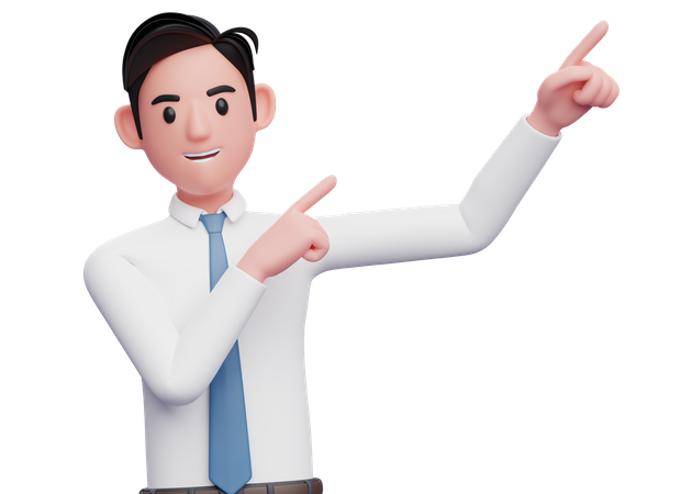 Homme d'affaires pointant vers le coin supérieur droit avec les deux doigts  3D Illustration