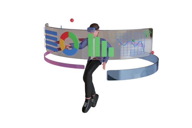 Homme d'affaires portant des lunettes de réalité virtuelle et gérant une infographie  3D Illustration