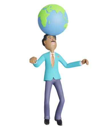 Homme d'affaires portant un gros globe au-dessus de sa tête - Concept de commerce mondial  3D Illustration