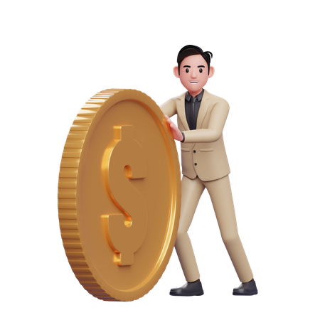 Homme d'affaires poussant le roulement de pièces de monnaie  3D Illustration