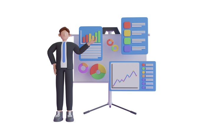 Homme d'affaires présentant le rapport d'analyse commerciale  3D Illustration