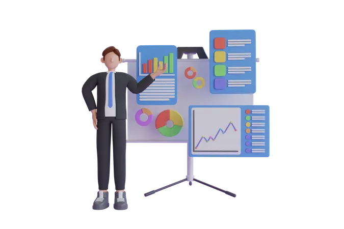 Homme d'affaires présentant le rapport d'analyse commerciale  3D Illustration