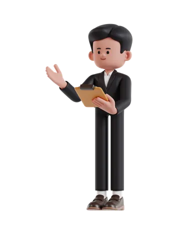 Homme d'affaires présentant tout en tenant le presse-papiers  3D Illustration