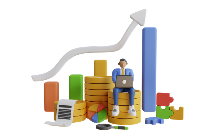 Homme d'affaires effectuant une analyse de la croissance des bénéfices  3D Illustration