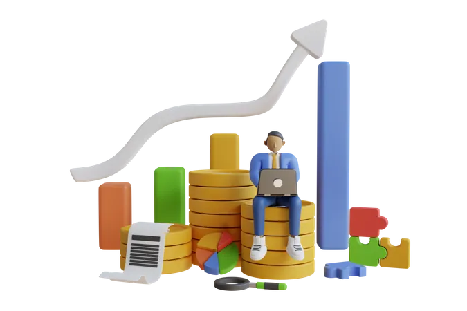 Homme d'affaires effectuant une analyse de la croissance des bénéfices  3D Illustration