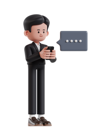 Homme d'affaires tapant un message sur un téléphone portable  3D Illustration