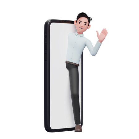 Homme d'affaires sortant de l'écran du téléphone et renonçant à la main  3D Illustration