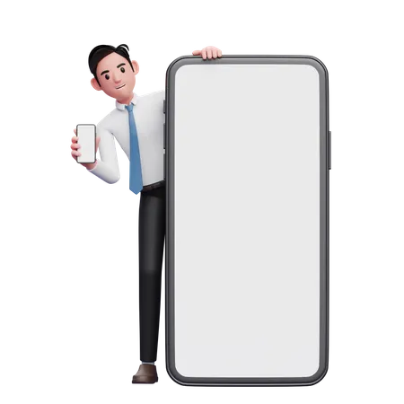 Un homme d'affaires surprend en apparaissant derrière un gros téléphone portable  3D Illustration