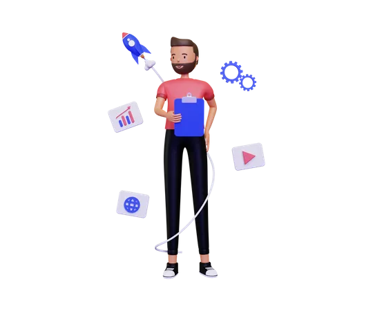 Vie De Startup 3 D Avec Un Homme Tenant Des Notes 3D Illustration