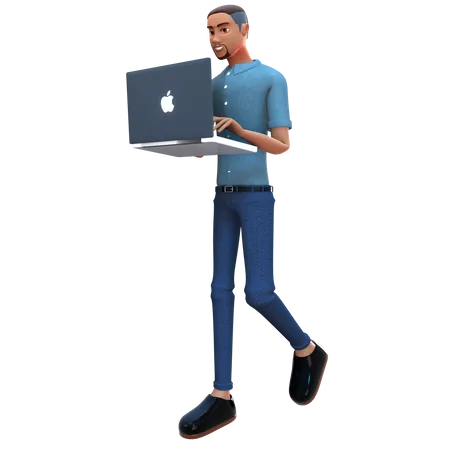 Homme d'affaires tenant un ordinateur portable et travaillant dessus  3D Illustration
