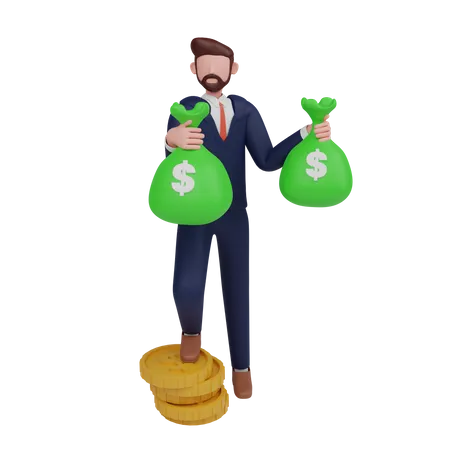 Homme d'affaires détenant un sac d'argent  3D Illustration