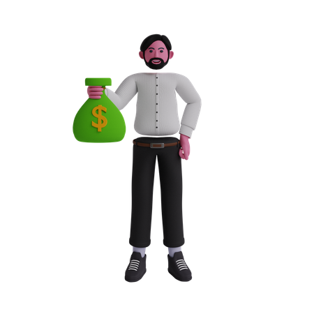 Homme affaires, tenue, sac argent  3D Illustration