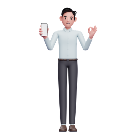 Homme d'affaires tenant un smartphone et montrant le doigt ok  3D Illustration