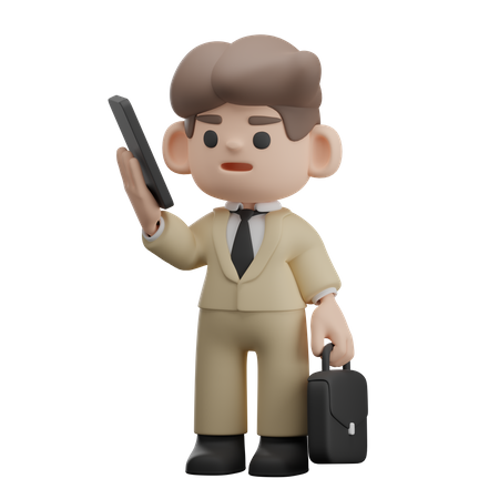 Homme d'affaires tenant un téléphone et une mallette  3D Illustration
