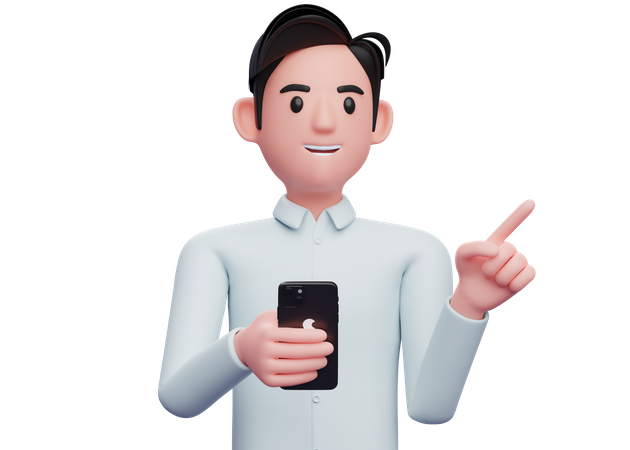 Homme d'affaires tenant un téléphone portable tout en pointant vers le côté en choisissant quelque chose  3D Illustration