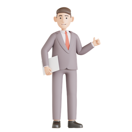 Homme d'affaires tenir du papier et un bon geste de la main  3D Illustration