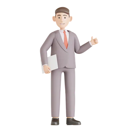 Homme d'affaires tenir du papier et un bon geste de la main  3D Illustration