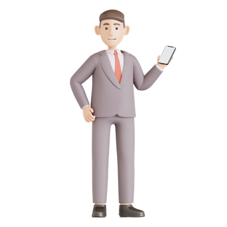 Homme d'affaires tient le smartphone dans la main droite  3D Illustration