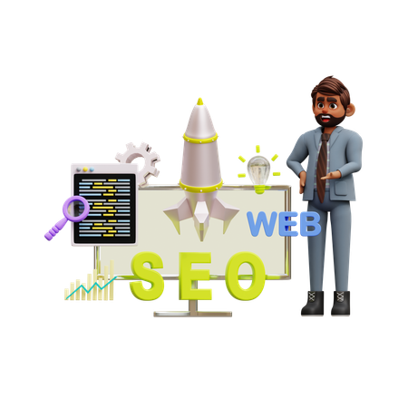 Homme d'affaires travaillant sur une startup SEO  3D Illustration