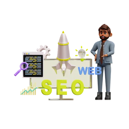 Homme d'affaires travaillant sur une startup SEO  3D Illustration