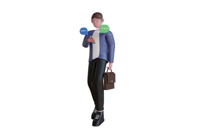 Homme d'affaires vérifiant ses e-mails sur son téléphone portable en marchant  3D Illustration