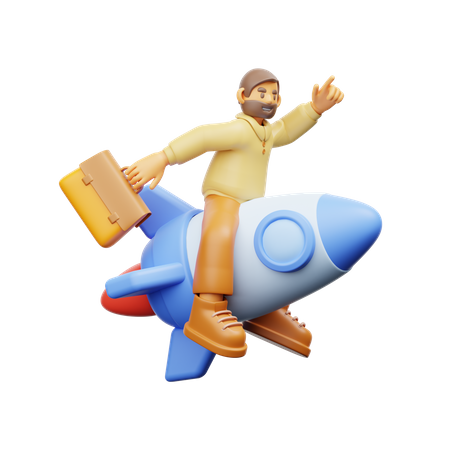 Homme d'affaires volant sur une fusée  3D Illustration